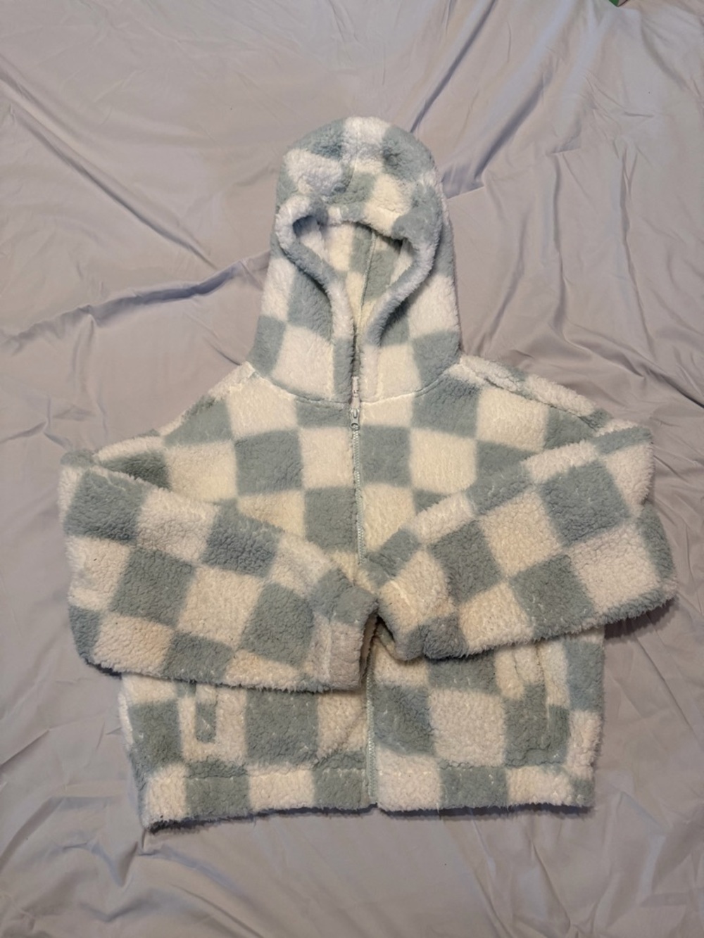 Wild Rose Plush Checkerboard Hooded Zip Jacket - Cream & Light Green 0091